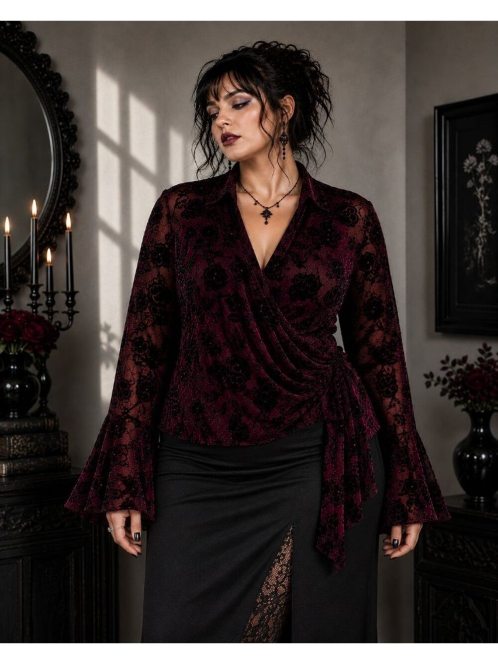 vintage Silkland Silk Burgundy Y2k Velvet Sheer Burn Out Blouse size 14 wrap top